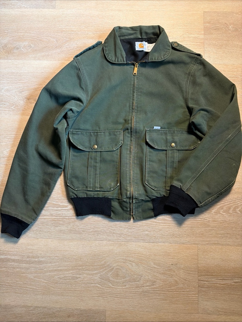 Vintage 1994 Carhartt JR264 Forest Green Duck Canvas Bomber Flight Jacket Med 42